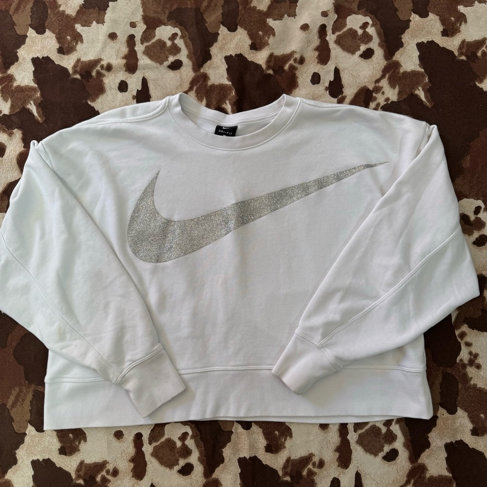 Nike White Crewneck with Glittering Silver Swoosh